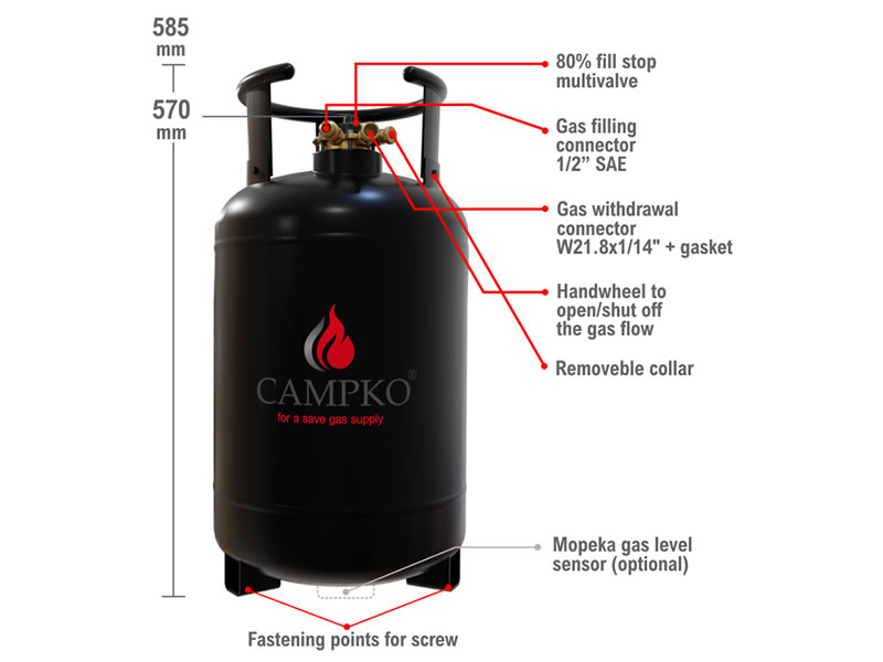 Refillable gas bottle 30/24 litres with 80% multivalve and level sensor