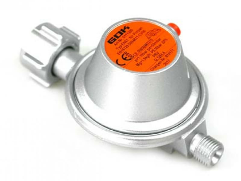 GOK low pressure regulator 50 mbar 1,5 kg/h - for small bottles incl. saftey valve